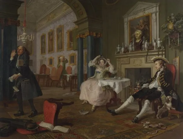 Marriage A-la-Mode: 2. The Tête à Tête (1743) by William Hogarth — original painting reproduced as a hand-painted oil on canvas