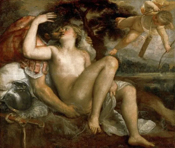 Mars, Venus and Amor (1550) by Titian — original painting reproduced as a hand-painted oil on canvas