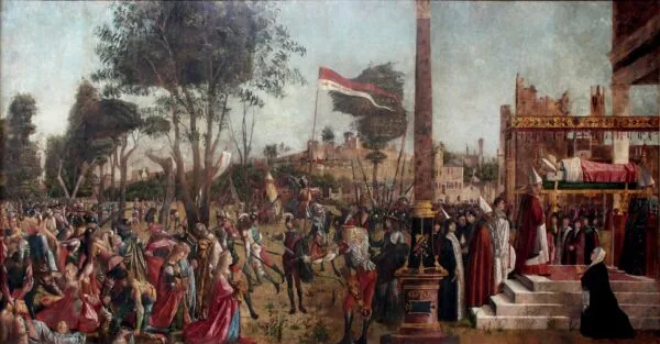 Martyrdom of the Pilgrims and Funeral of Saint Ursula (1493) by Vittore Carpaccio — original painting reproduced as a hand-painted oil on canvas
