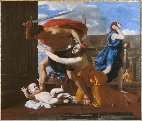 Massacre of the Innocents (1620) by Nicolas Poussin — original painting reproduced as a hand-painted oil on canvas