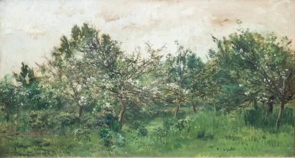 Meadow with Blossoming Fruit Tree (1869) by Charles-François Daubigny — original painting reproduced as a hand-painted oil on canvas