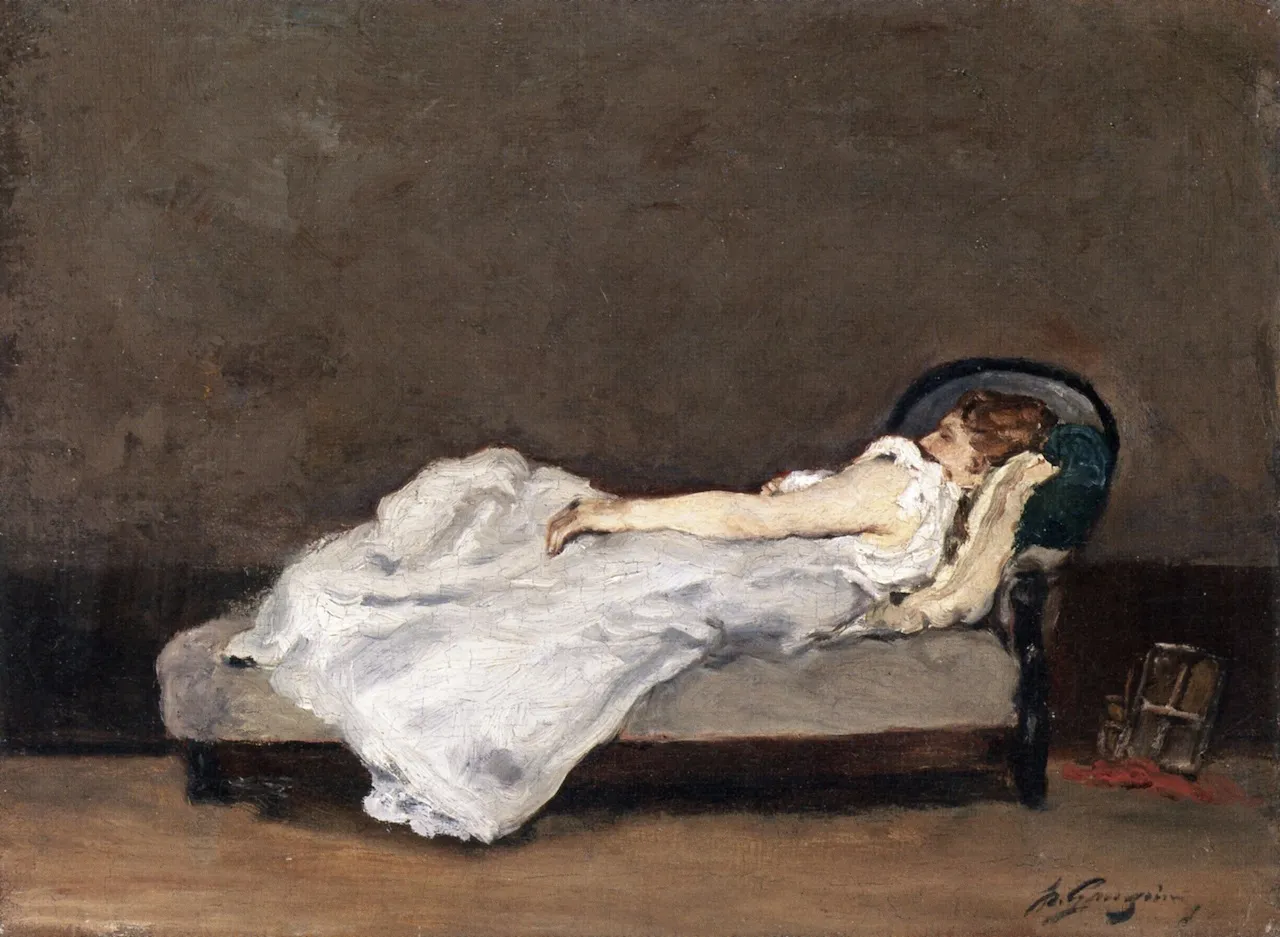 Mette Asleep on a Sofa (1875) by Paul Gauguin — original painting reproduced as a hand-painted oil on canvas