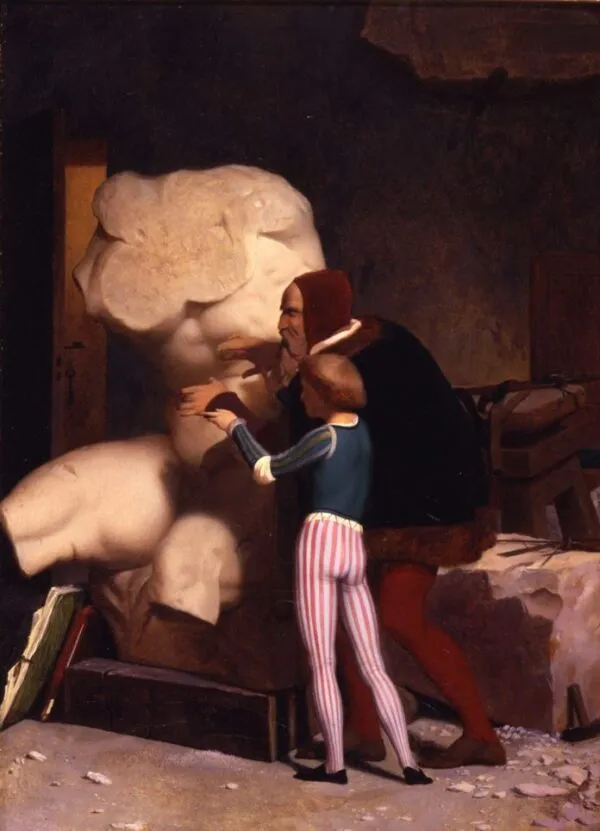 Michelangelo being Shown the Belvedere Torso (1849) by Jean-Léon Gérôme — original painting reproduced as a hand-painted oil on canvas