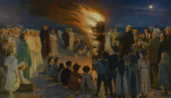 Midsummer Eve Bonfire on Skagen Beach (1906) by Peder Severin Krøyer — original painting reproduced as a hand-painted oil on canvas