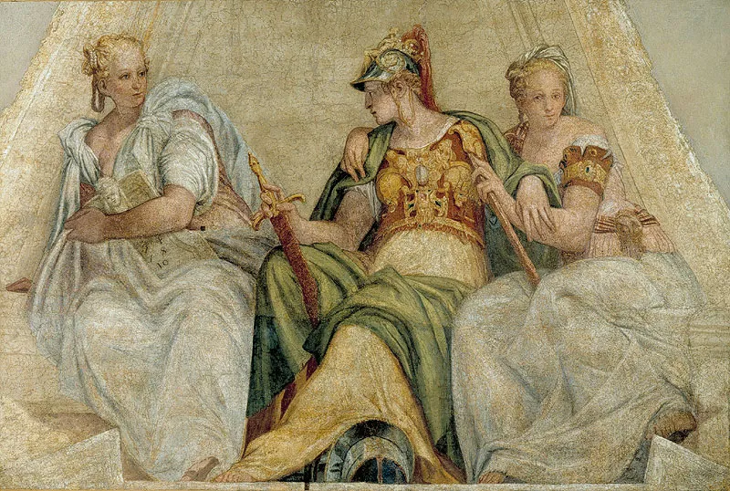Minerva between Geometry and Arithmetics (1551) by Paolo Veronese — original painting reproduced as a hand-painted oil on canvas