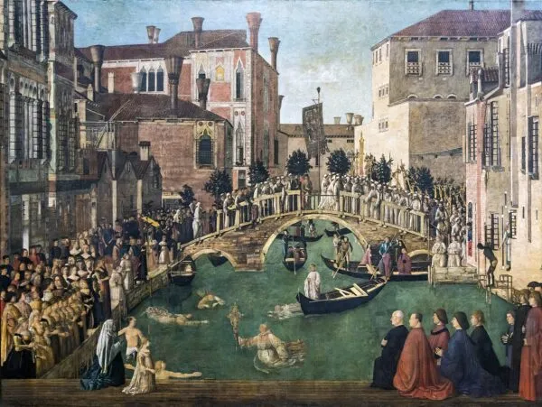 Miracle of the Cross at the Bridge of S. Lorenzo (1500) by Gentile Bellini — original painting reproduced as a hand-painted oil on canvas