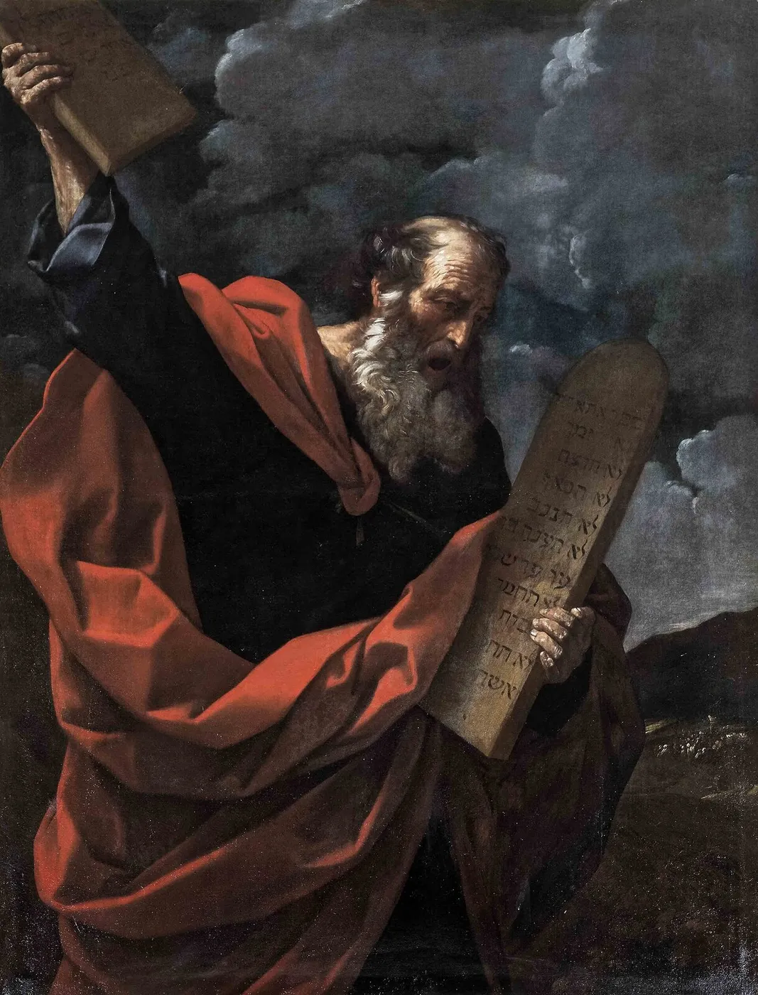 Moïse brisant les Tables de la Loi (1624) by Guido Reni — original painting reproduced as a hand-painted oil on canvas