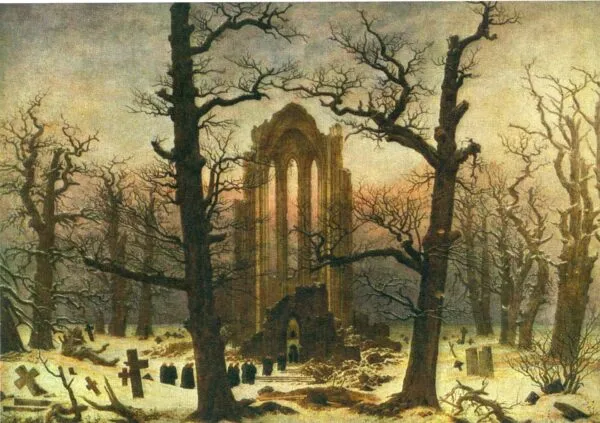 Monastery cemetery in snow (1819) by Caspar David Friedrich — original painting reproduced as a hand-painted oil on canvas