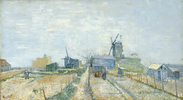 Montmartre: mills and vegetable gardens (1887) by Vincent van Gogh — original painting reproduced as a hand-painted oil on canvas