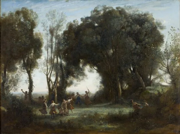Morning. Dance of the Nymphs (1850) by Jean-Baptiste Camille Corot — original painting reproduced as a hand-painted oil on canvas