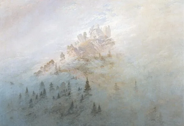 Morning mist in the mountains (1808) by Caspar David Friedrich — original painting reproduced as a hand-painted oil on canvas