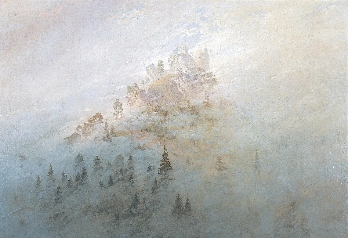 Morning mist in the mountains (1808) by Caspar David Friedrich — original painting reproduced as a hand-painted oil on canvas