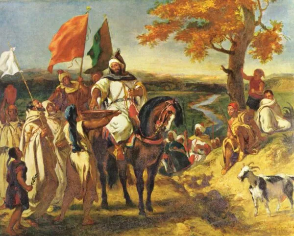 Moroccan caid visiting his tribe (1837) by Eugène Delacroix — original painting reproduced as a hand-painted oil on canvas