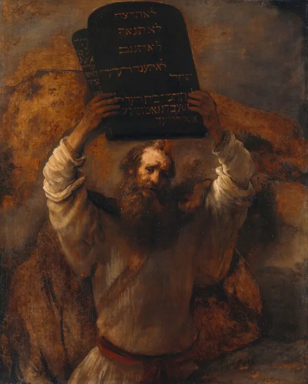 Moses Smashing the Tablets of the Law (1659) by Rembrandt — original painting reproduced as a hand-painted oil on canvas