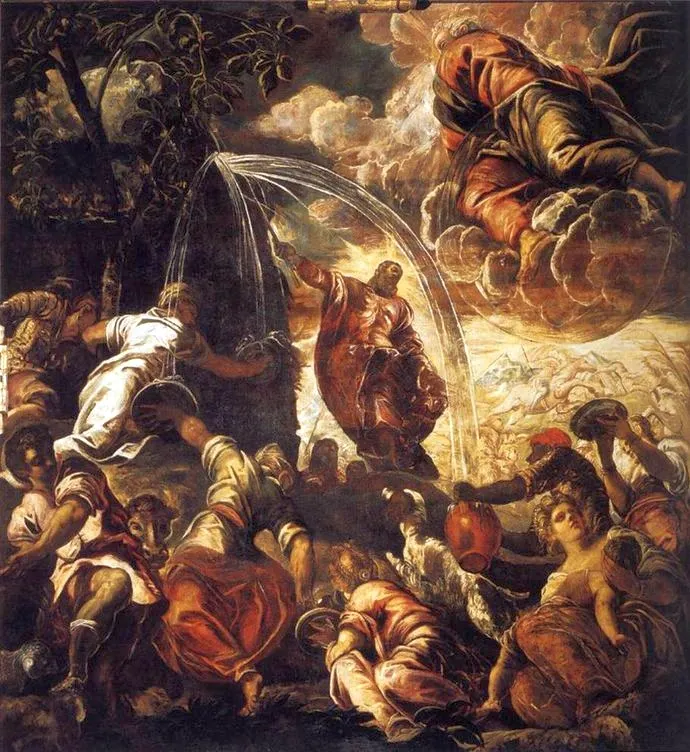 Moses Striking Water from the Rock (1577) by Jacopo Tintoretto — original painting reproduced as a hand-painted oil on canvas