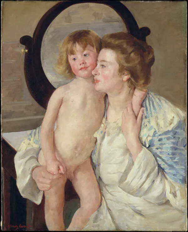 Mother and Child (The Oval Mirror) (1899) by Mary Cassatt — original painting reproduced as a hand-painted oil on canvas