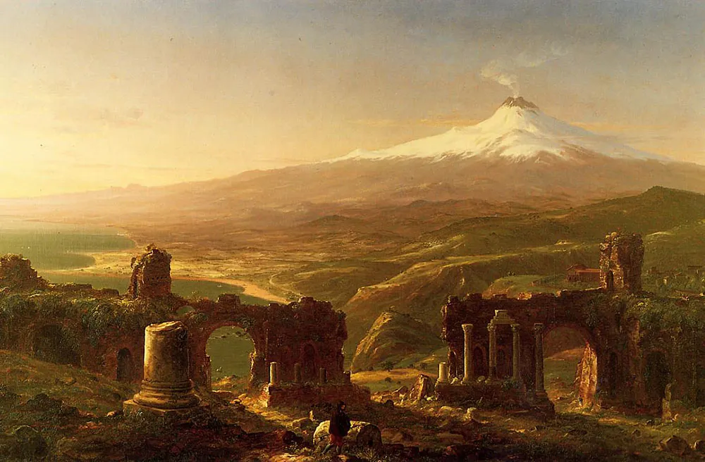 Mount Etna from Taormina (1843) by Thomas Cole — original painting reproduced as a hand-painted oil on canvas