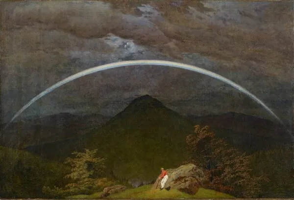 Mountain Landscape with Rainbow (1809) by Caspar David Friedrich — original painting reproduced as a hand-painted oil on canvas