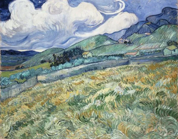 Mountainous Landscape Behind Saint-Paul Hospital (1889) by Vincent van Gogh — original painting reproduced as a hand-painted oil on canvas