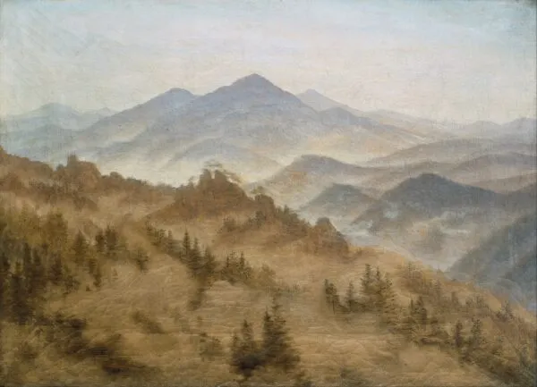 Mountains in the Rising Fog (1835) by Caspar David Friedrich — original painting reproduced as a hand-painted oil on canvas
