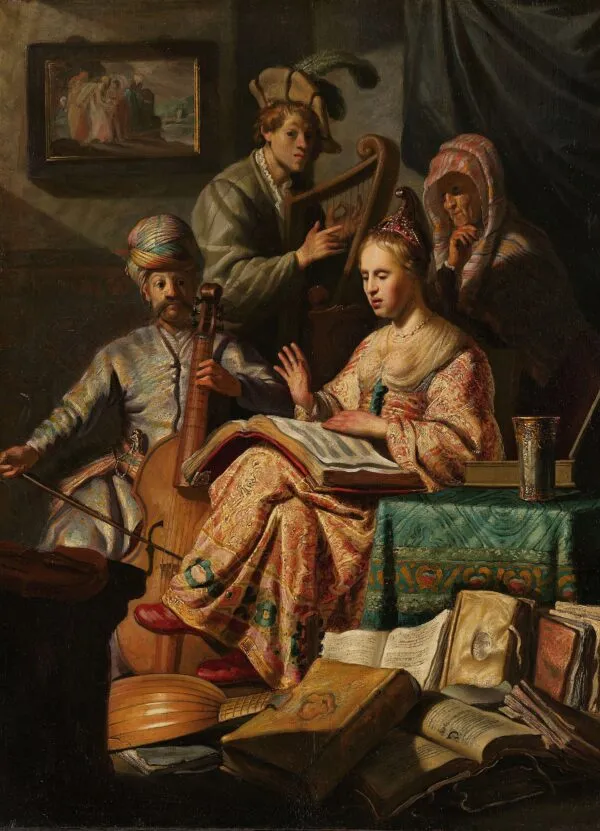 Musical Company (1626) by Rembrandt — original painting reproduced as a hand-painted oil on canvas