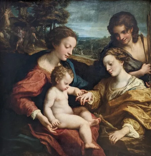 Mystic Marriage of Saint Catherine of Alexandria with Saint Sebastian (1526) by Antonio da Correggio — original painting reproduced as a hand-painted oil on canvas