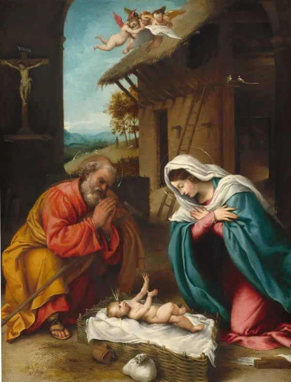 Nativity (1523) by Lorenzo Lotto — original painting reproduced as a hand-painted oil on canvas