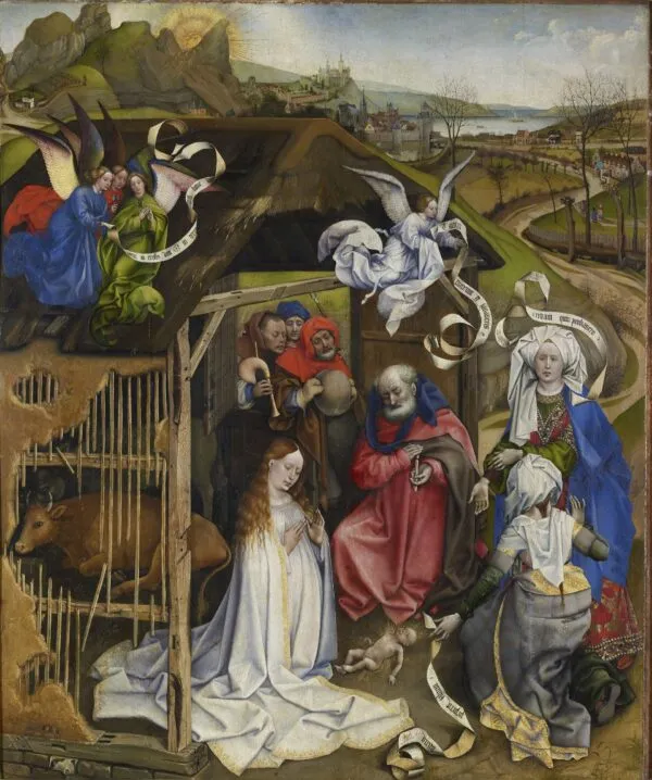 Nativity (1430) by Robert Campin — original painting reproduced as a hand-painted oil on canvas