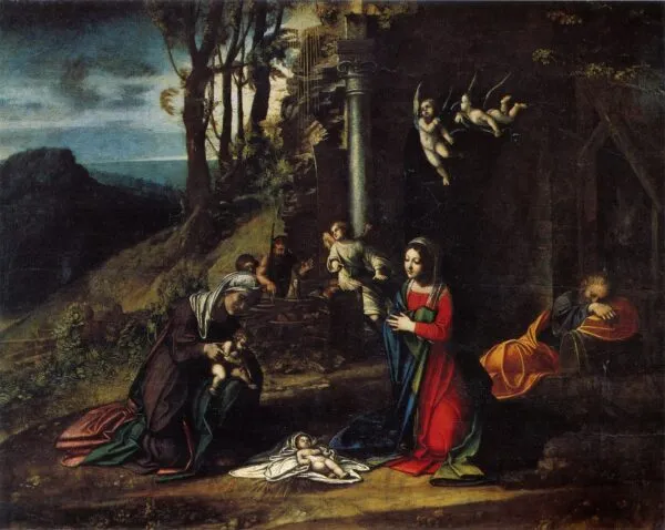 Nativity with Saints Elizabeth and John the Baptist (1512) by Antonio da Correggio — original painting reproduced as a hand-painted oil on canvas