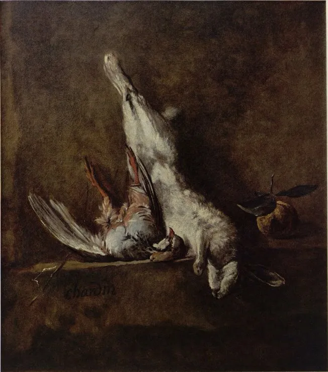 Nature morte au lapin et à la perdrix (1727) by Jean-Baptiste-Siméon Chardin — original painting reproduced as a hand-painted oil on canvas