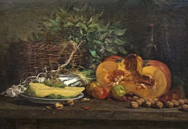Nature morte au potiron (1856) by Eugène Louis Boudin — original painting reproduced as a hand-painted oil on canvas