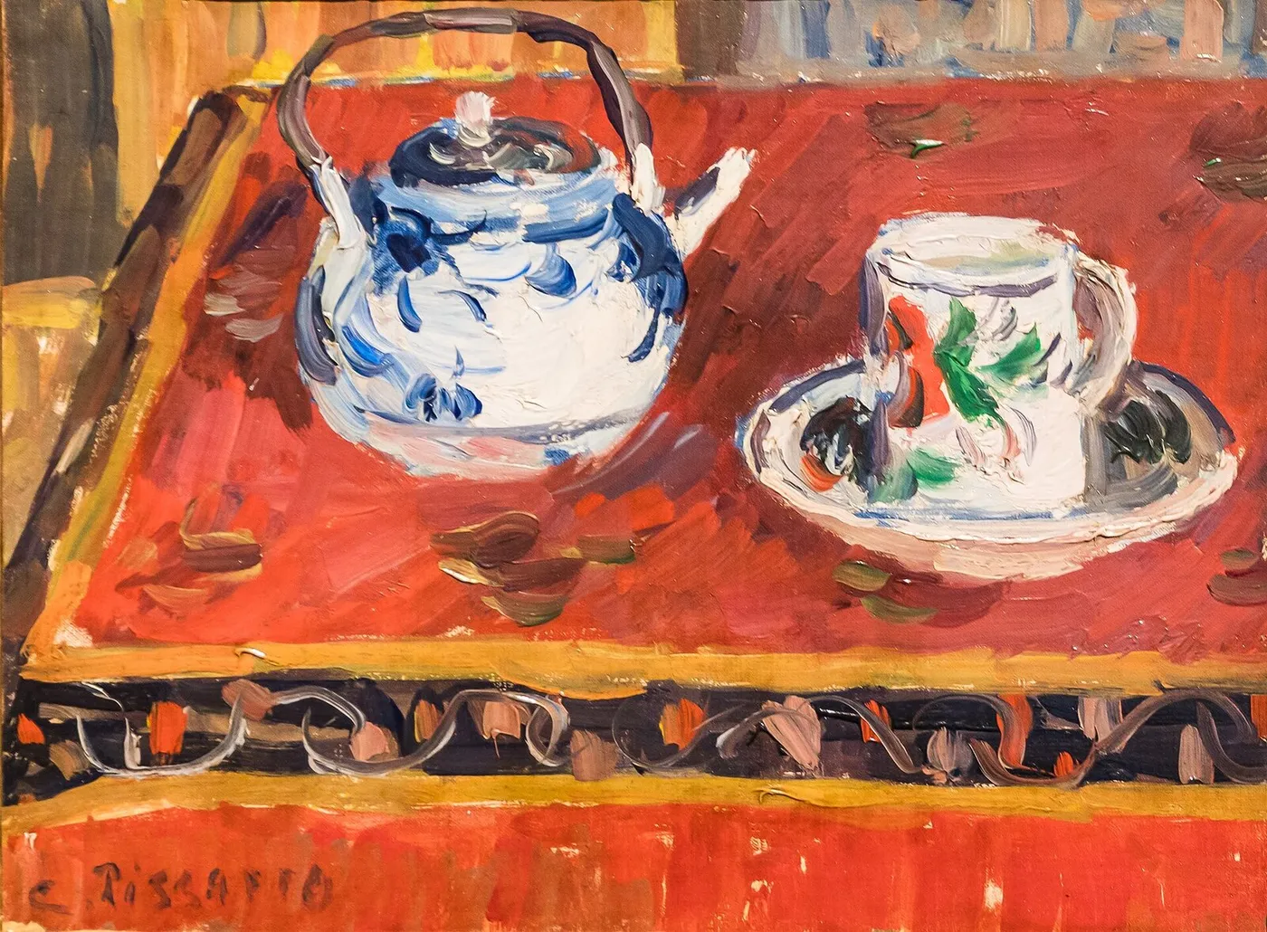 Nature morte, tasse et théière (1899) by Camille Pissarro — original painting reproduced as a hand-painted oil on canvas