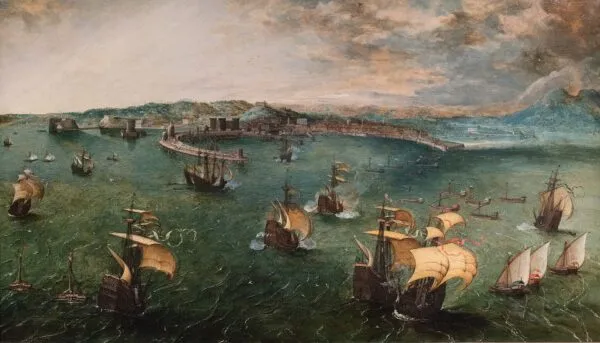 Naval Battle in the Gulf of Naples (1554) by Pieter Brueghel the Elder — original painting reproduced as a hand-painted oil on canvas