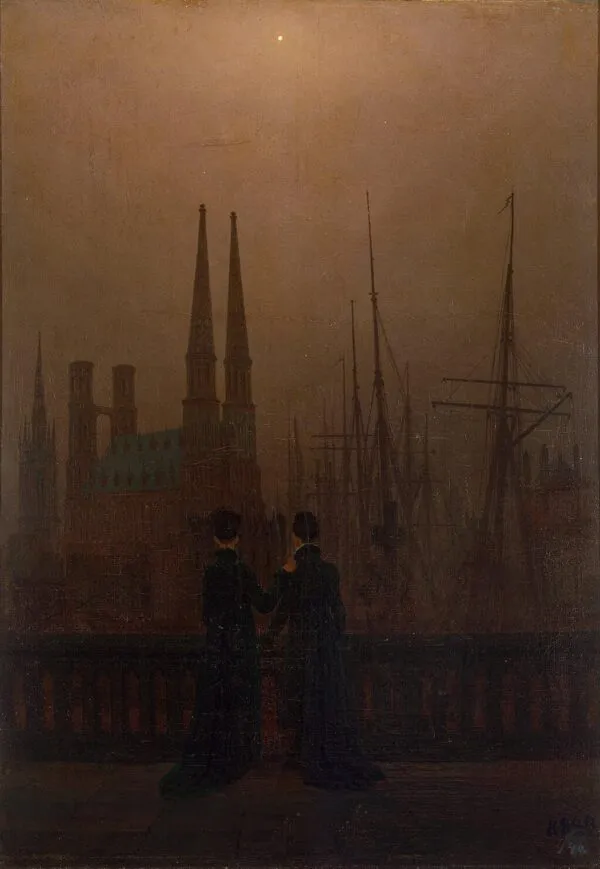 Night in a Harbour (1818) by Caspar David Friedrich — original painting reproduced as a hand-painted oil on canvas