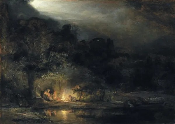 Nocturnal Landscape with the Holy Family resting on the flight into Egypt (1647) by Rembrandt — original painting reproduced as a hand-painted oil on canvas