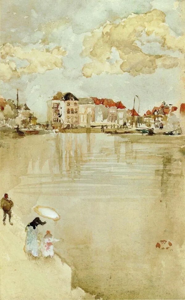 Note in Rose and Silver - Dordrecht (1884) by James McNeill Whistler — original watercolour reproduced as a hand-painted oil on canvas