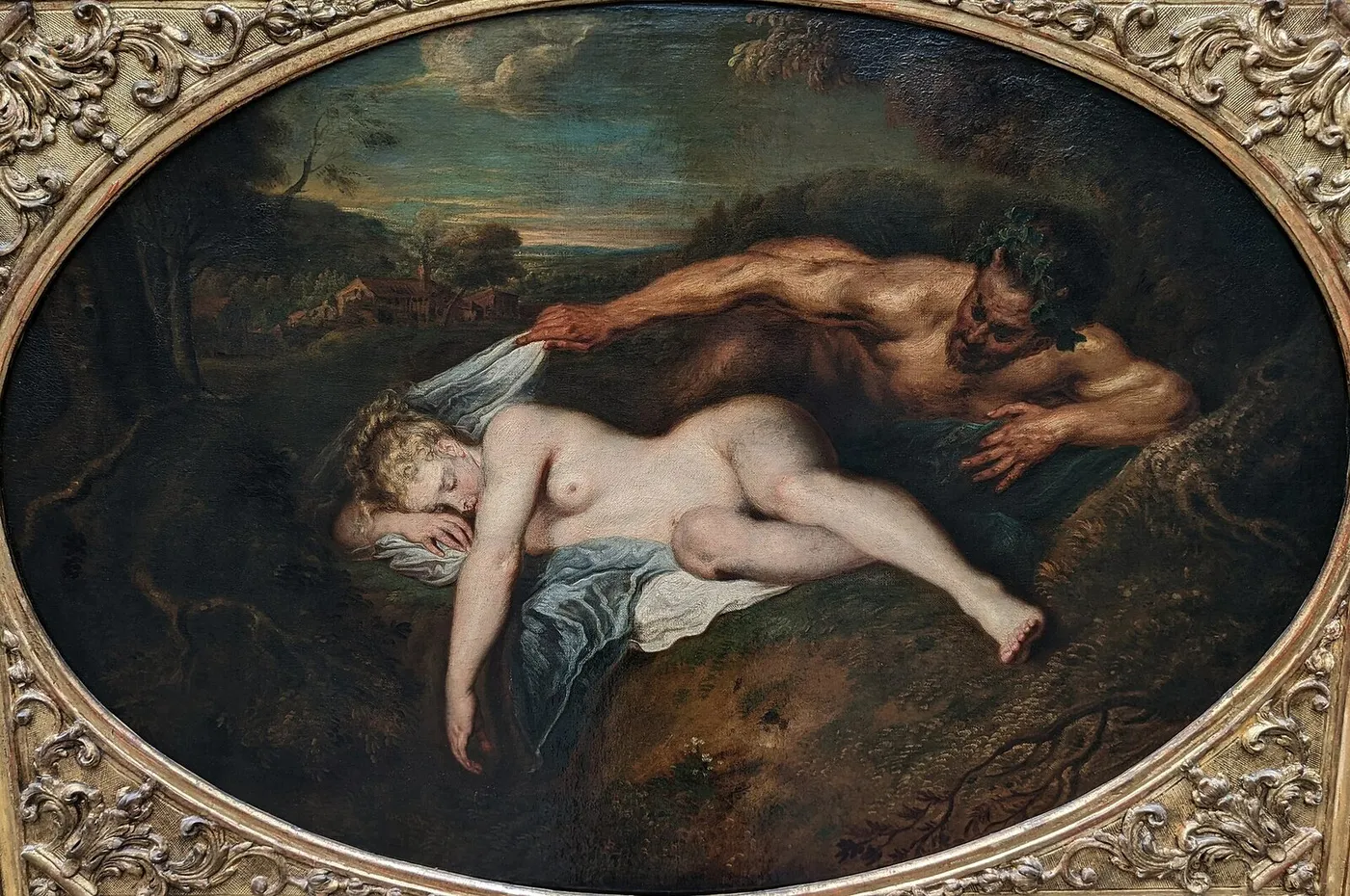 Nymph and Satyr (1716) by Jean-Antoine Watteau — original painting reproduced as a hand-painted oil on canvas
