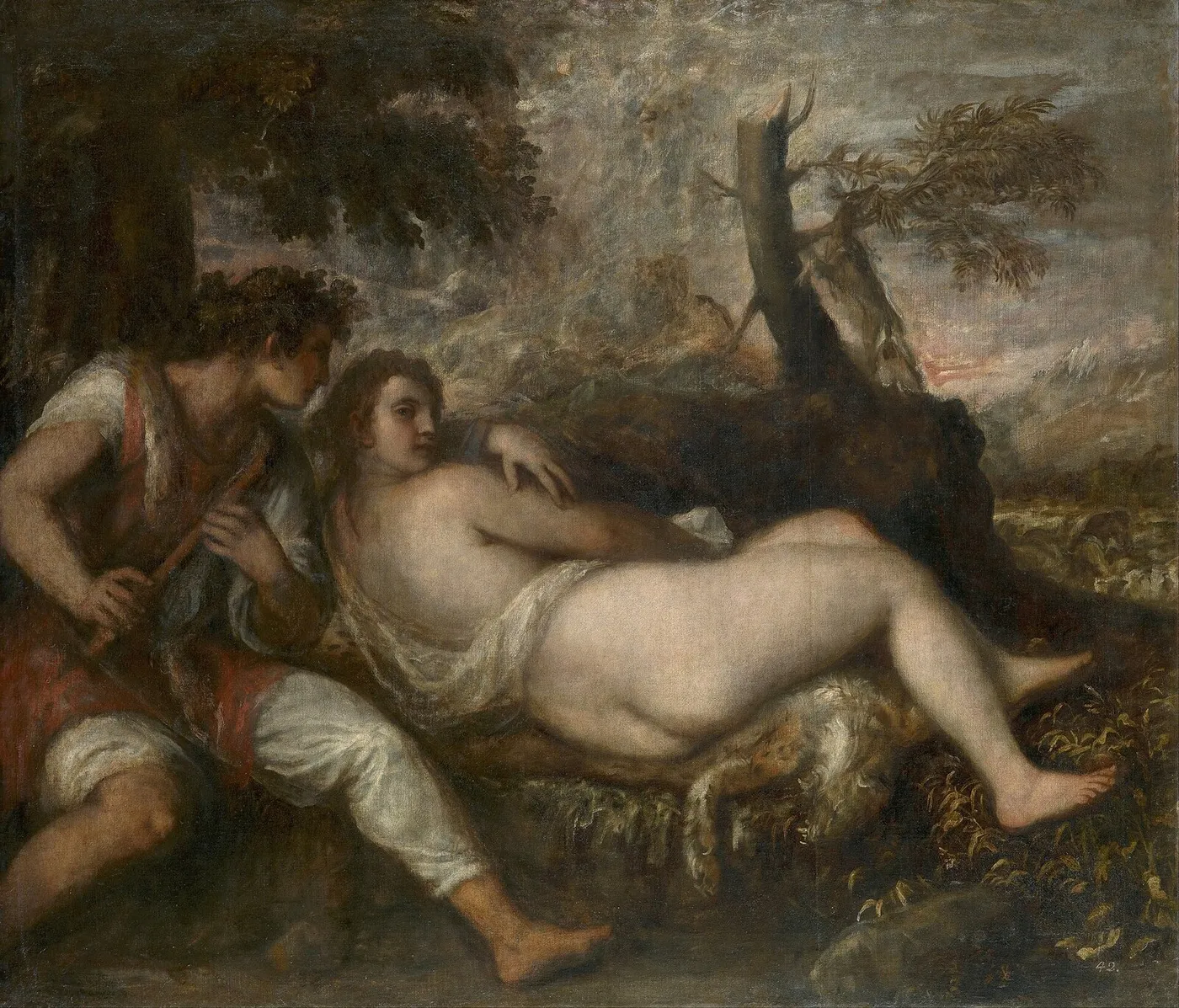 Nymph and Shepherd (1570) by Titian — original painting reproduced as a hand-painted oil on canvas