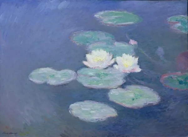 Nympheas, effect in the evening (1897) by Claude Monet — original painting reproduced as a hand-painted oil on canvas