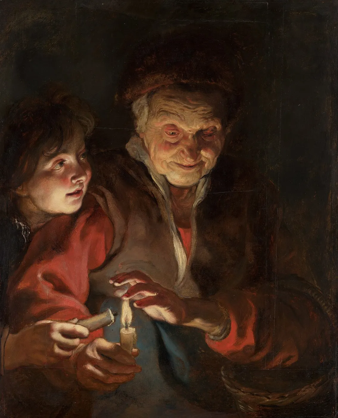 Old woman and boy with candles (1616) by Peter Paul Rubens — original painting reproduced as a hand-painted oil on canvas
