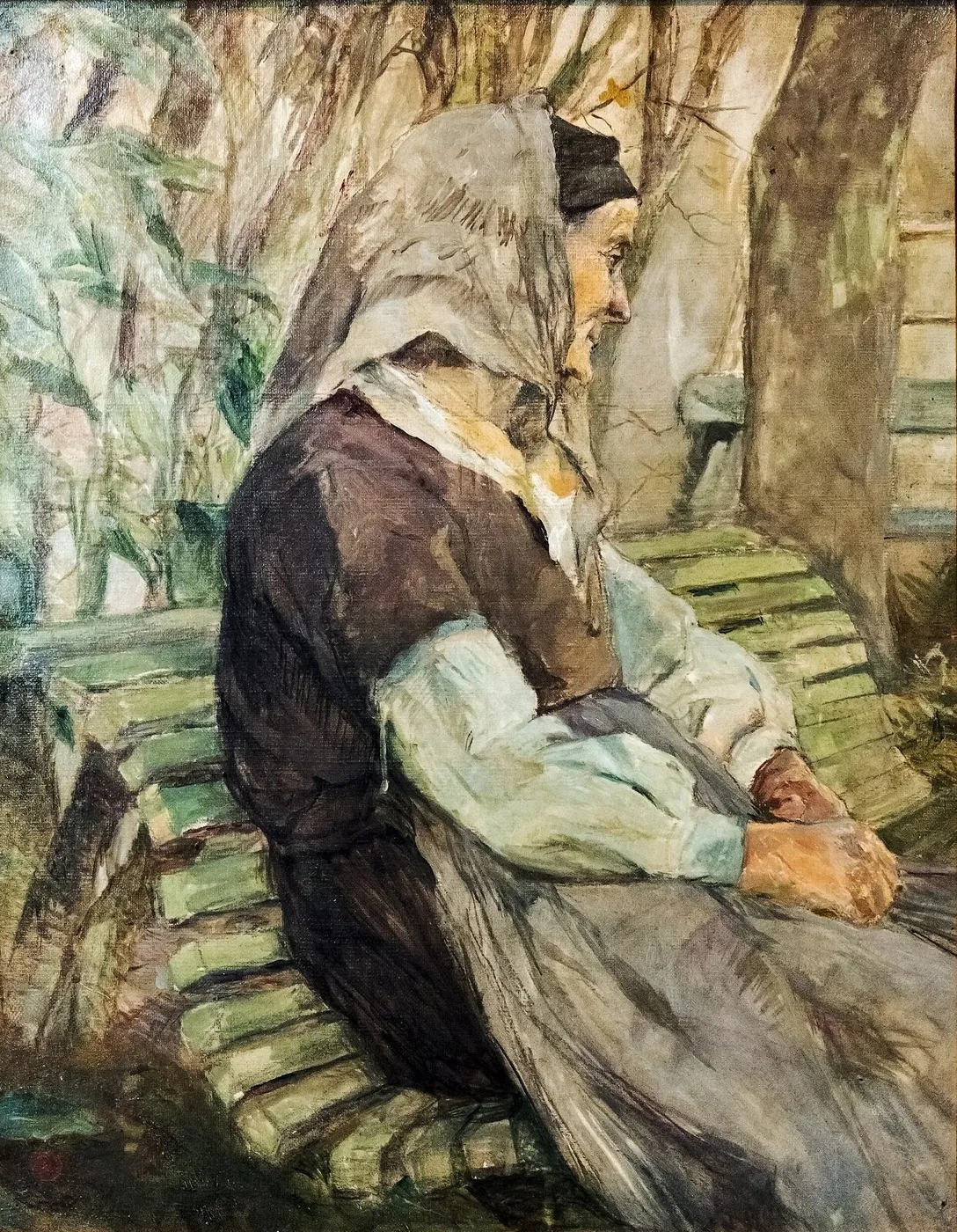 Old woman sitting on a bench in Céleyran — Henri de Toulouse-Lautrec