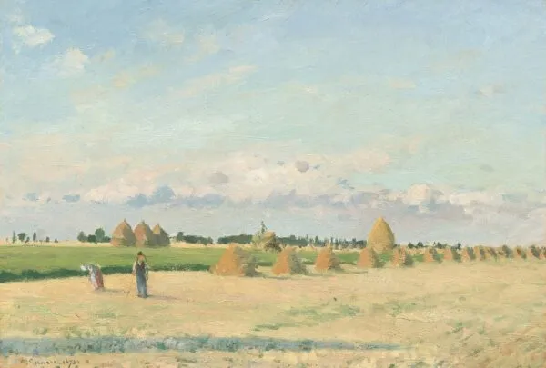 Open Fields with Haystacks near Pontoise (1873) by Camille Pissarro — original painting reproduced as a hand-painted oil on canvas