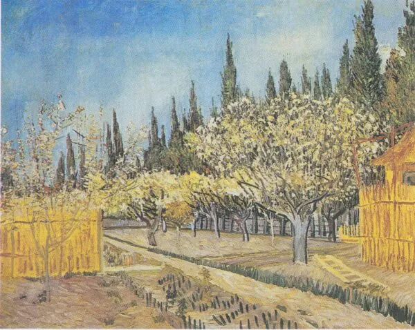 Orchard in Blossom, Bordered by Cypresses (1888) by Vincent van Gogh — original painting reproduced as a hand-painted oil on canvas