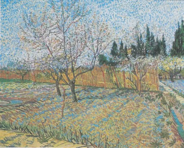 Orchard with Peach Trees in Blossom (1888) by Vincent van Gogh — original painting reproduced as a hand-painted oil on canvas
