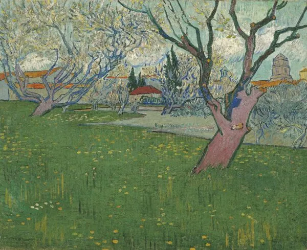 Orchards in blossom, view of Arles (1889) by Vincent van Gogh — original painting reproduced as a hand-painted oil on canvas