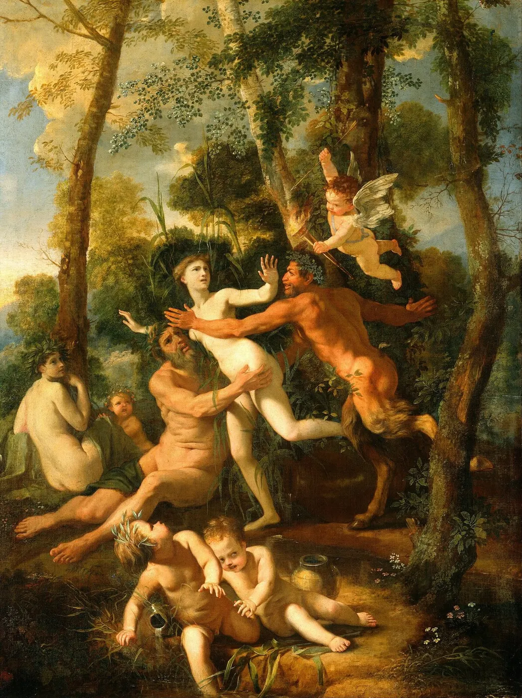 Pan and Syrinx (1637) by Nicolas Poussin — original painting reproduced as a hand-painted oil on canvas