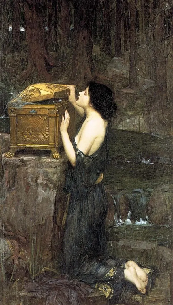 Pandora (1896) by John William Waterhouse — original painting reproduced as a hand-painted oil on canvas