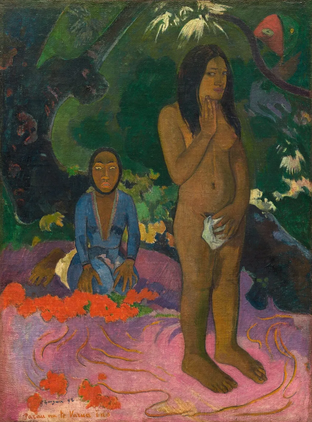 Parau na te Varua ino (Words of the Devil) (1892) by Paul Gauguin — original painting reproduced as a hand-painted oil on canvas
