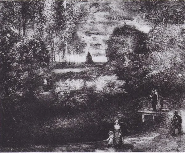 Parsonage Garden at Nuenen with Pond and Figures (1885) by Vincent van Gogh — original painting reproduced as a hand-painted oil on canvas