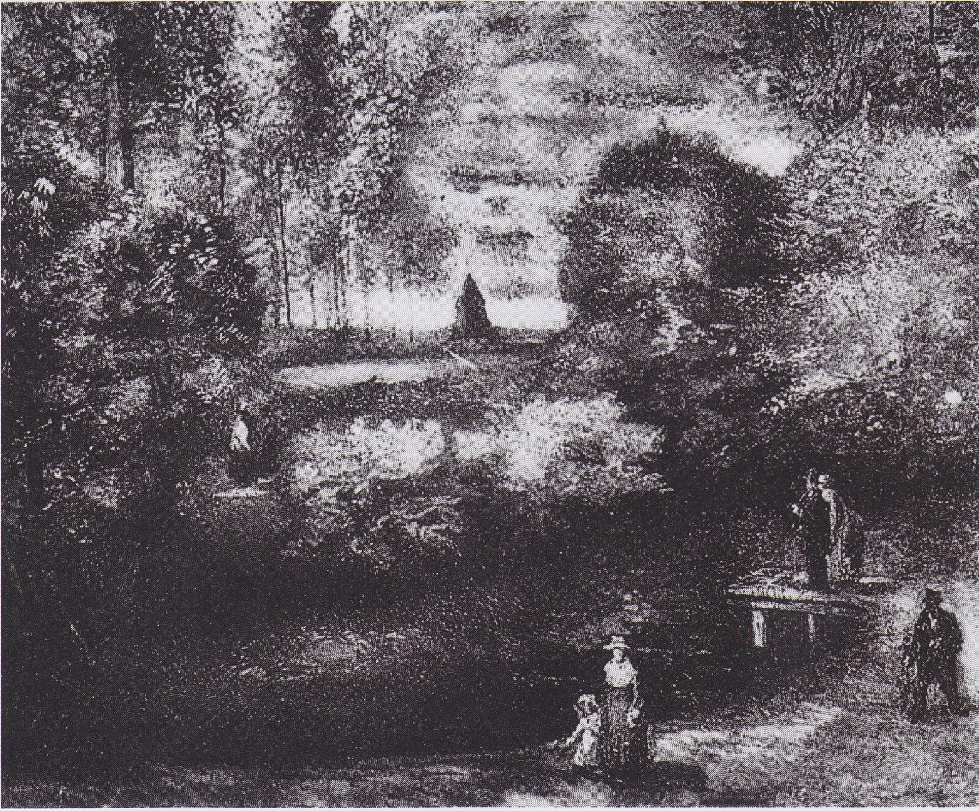 Parsonage Garden at Nuenen with Pond and Figures (1885) by Vincent van Gogh — original painting reproduced as a hand-painted oil on canvas